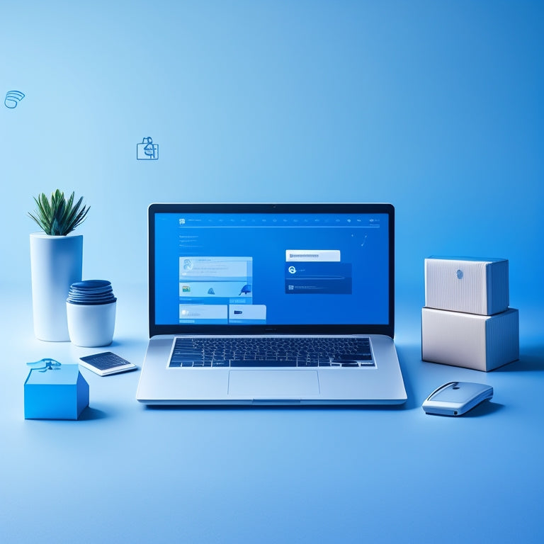 A minimalist illustration of a laptop with a subtle background gradient of blues and whites, featuring a Merchant's dashboard on the screen, surrounded by scattered icons of popular e-commerce platforms.
