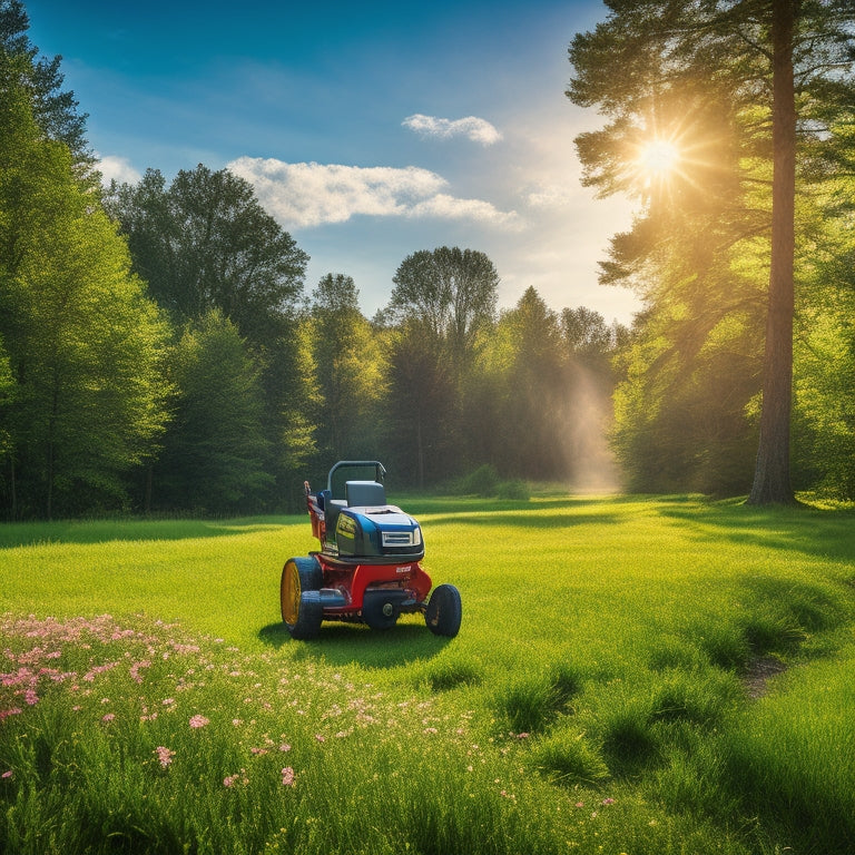 A serene forest landscape with a Honda lawn mower, generator, and water pump strategically placed amidst lush greenery, surrounded by vibrant wildflowers, with a sunny sky and fluffy white clouds.