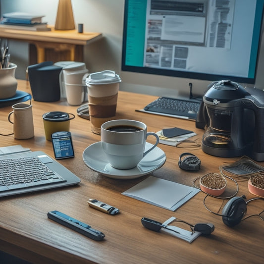 A cluttered desk with a laptop, scattered papers, and a tangled headset, surrounded by coffee cups and a clock showing a tight deadline, contrasted with a clean, organized workspace in the background.