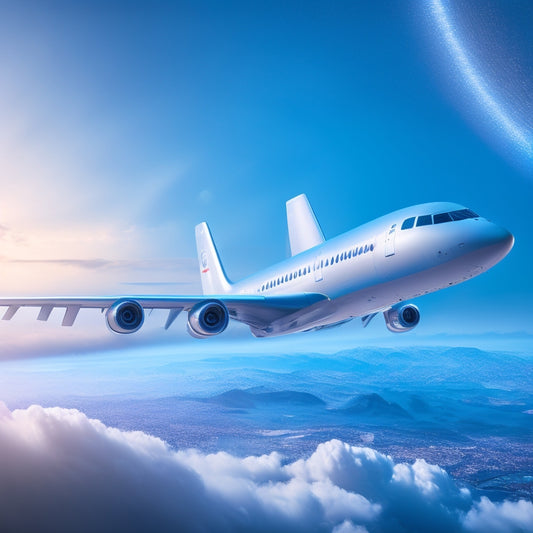 A futuristic, high-tech illustration featuring a sleek, silver airplane soaring through a cloudy, blue digital landscape, with glowing circuit board patterns and 1s and 0s swirling around it.
