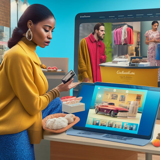 A split-screen image with a stylized illustration of a person browsing a tablet on the left, surrounded by floating 3D product models and ratings, and a cluttered, outdated online storefront on the right.