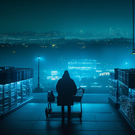 A darkened cityscape at night, with a faint glow of computer screens and city lights, featuring a subtle, transparent shield overlay protecting a shopping cart, surrounded by faint, ominous hacker silhouettes.
