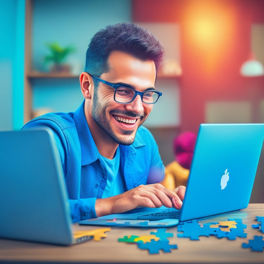 A stylized illustration of a customer service representative sitting in front of a laptop, surrounded by puzzle pieces that fit together to form a satisfied customer's smile, with a subtle background of connected gears and circuits.