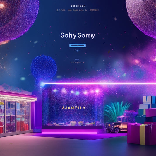 An illustration of a Shopify storefront transforming into a sleek, modern, and vibrant online store with confetti and fireworks exploding in the background, surrounded by shopping bags and credit cards.