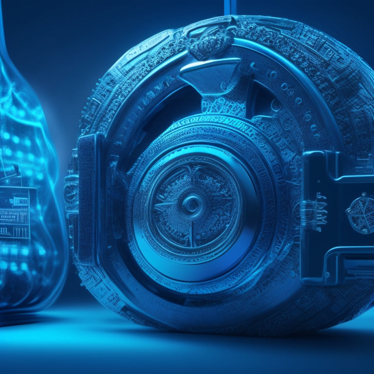 A stylized combination lock with glowing blue circuits and gears, surrounded by swirling patterns of shopping bags, credit cards, and laptops, set against a dark blue gradient background.