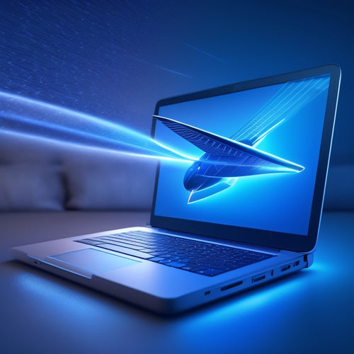 A stylized illustration of a laptop with a glowing blue light emanating from the screen, surrounded by swift, curved lines and tiny, flying paper airplanes, conveying speed and efficiency.