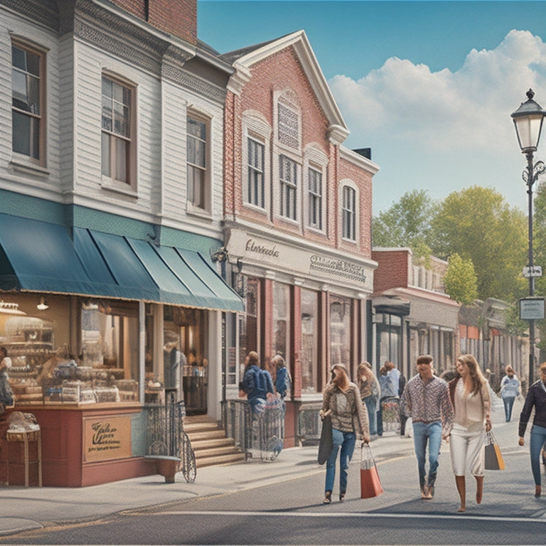 An illustration of a small town main street with vibrant storefronts, a bustling coffee shop, and people walking with shopping bags, surrounded by subtle hints of digital marketing elements, such as a faint laptop screen or a smartphone.