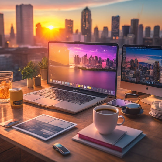 A digital desk with a laptop, tablet, and smartphone, surrounded by colorful sticky notes, coffee cups, and a few scattered books, with a subtle background of a cityscape at sunset.