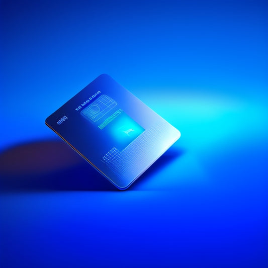 A futuristic, sleek, silver credit card with a glowing blue chip, hovering above a holographic display projecting a 3D graph of rising profits and falling fees, set against a dark blue background.