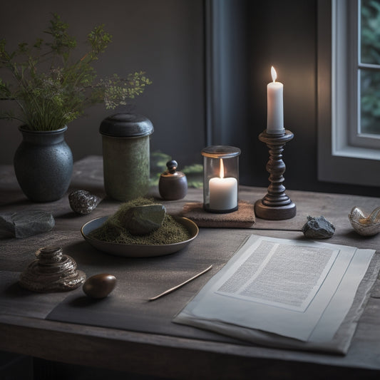 A serene, dimly lit workspace with a few, carefully placed, calming elements: a miniature Zen garden, a candle, and a few scattered, crumpled up papers, surrounded by a subtle, soothing green glow.
