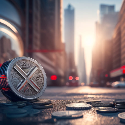 A broken gear surrounded by coins and a miniature storefront, with a red "X" symbol overlaid, set against a blurred cityscape background with subtle upward arrow trajectories.