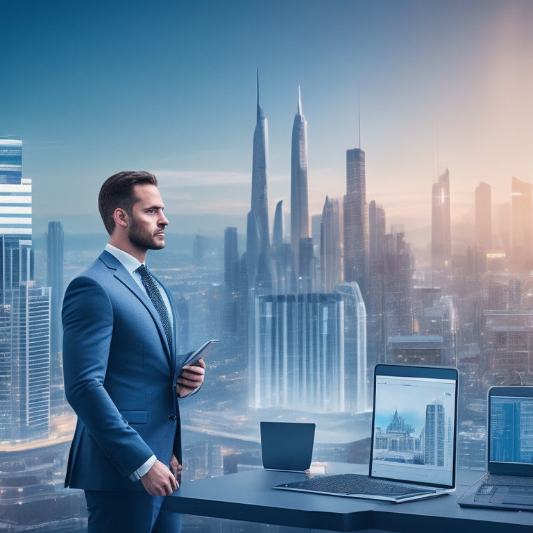 An illustration of a merchant standing in front of a virtual whiteboard, surrounded by floating laptops and tablets, with a subtle cityscape in the background, conveying a sense of modernity and e-learning.