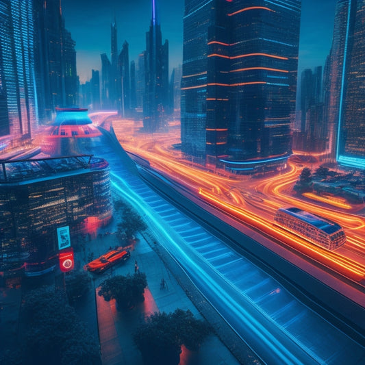 A futuristic, neon-lit cityscape with sleek skyscrapers, bustling with digital transactions, and vibrant circuitry patterns illuminating the streets, surrounded by orbiting shopping carts and soaring arrows.