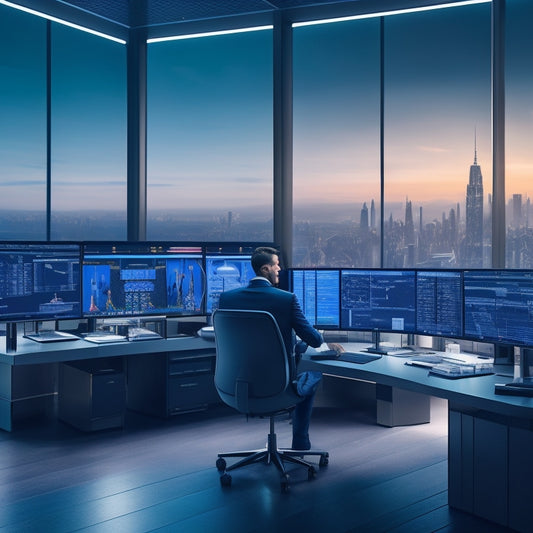 A futuristic e-commerce control room with sleek, minimalist workstations, surrounded by holographic screens displaying sales graphs, customer avatars, and AI-powered chatbots, amidst a backdrop of cityscape at dusk.