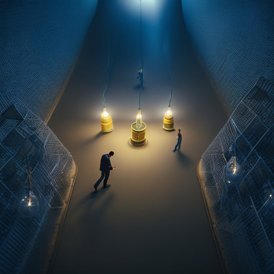 Illustrate a maze with a frustrated ecommerce manager in the center, surrounded by broken shopping carts, tangled cords, and shattered mobile screens, with a faint lightbulb in the distance.