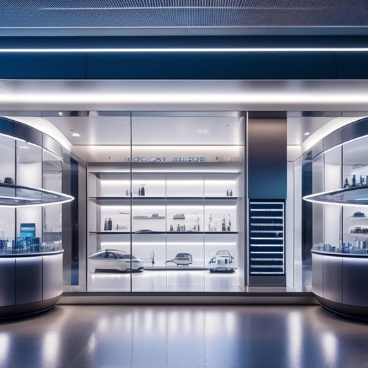 A futuristic retail storefront with sleek, minimalist shelves and augmented reality displays, surrounded by a bustling cityscape with flying drones and self-driving cars in the background.