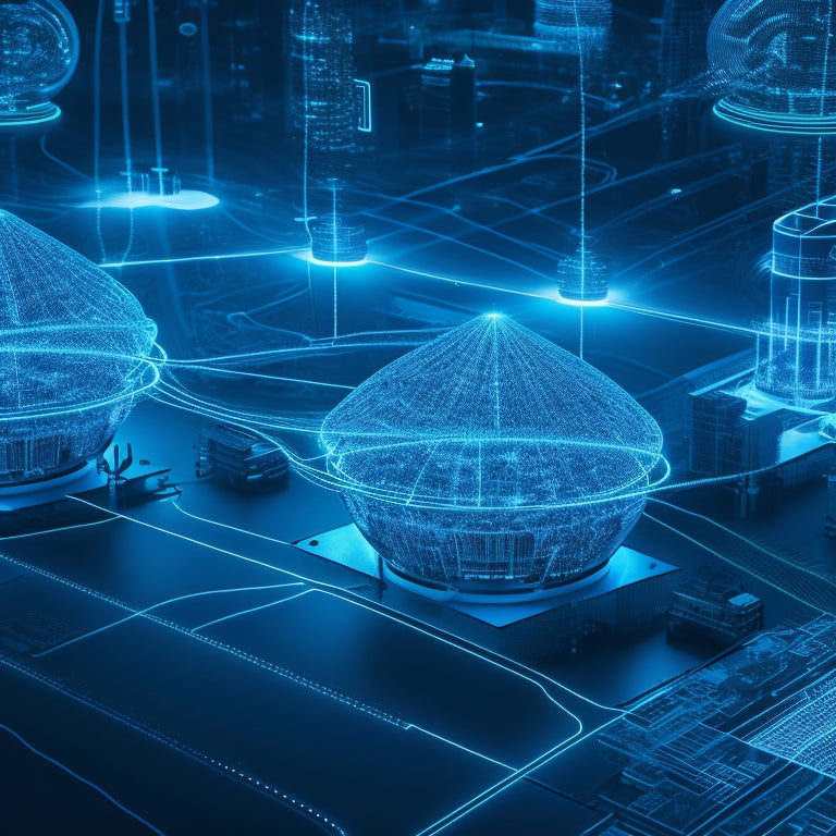 An illustration of futuristic, glowing blue AI agents orbiting a central hub, connected by sleek, curved lines, amidst a background of circuit boards and wires, with subtle neon lights.