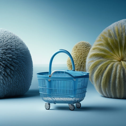 A serene background with a subtle gradient of calming blues, featuring a stylized illustration of a padlock seamlessly integrated into a shopping cart's handle, surrounded by minimalistic, curved lines and gentle, swooping shapes.