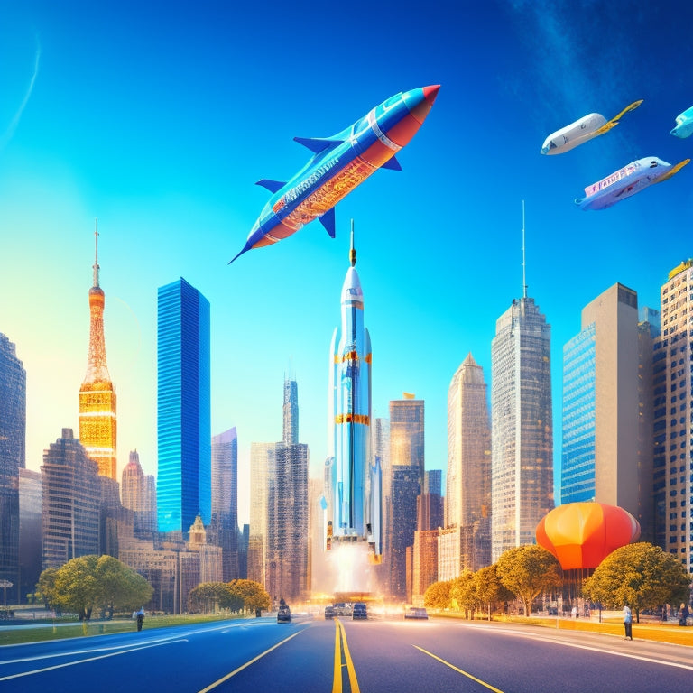 An illustration of a rocket ship blasting off, surrounded by online shopping icons, such as carts, bags, and devices, amidst a cityscape with skyscrapers and a bright blue sky.