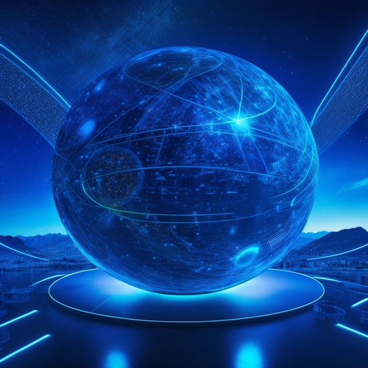 A futuristic, spherical hub with glowing blue lines and circuits, surrounded by floating 3D models of shopping bags, smartphones, and laptops, set against a dark, starry night sky.