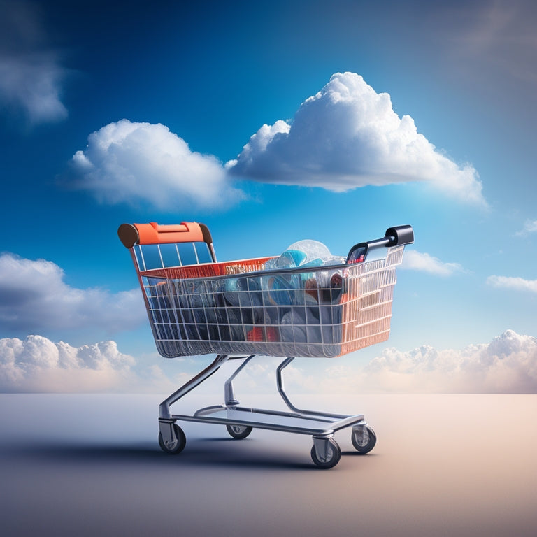 A stylized illustration of a magnifying glass hovering above a miniature shopping cart, surrounded by swirling clouds of data points, with subtle ecommerce-related icons in the background.