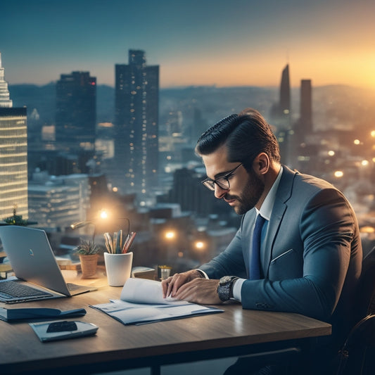 An illustration of a small business owner, surrounded by organized papers and a laptop, with a cityscape or entrepreneurial background, symbolizing efficiency and growth.