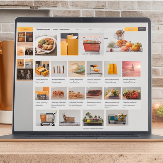 An illustration of a laptop screen displaying an ecommerce website with a course catalog page, featuring a grid of course thumbnails with play icons, surrounded by shopping cart and payment icons.
