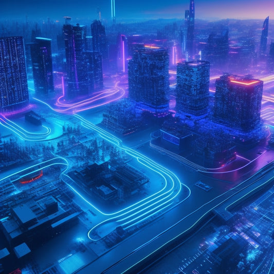 A futuristic, neon-lit cityscape with glowing blue circuits and wires forming a maze, surrounded by orbiting digital devices, and a centralized hub emitting a vibrant, pulsing light.