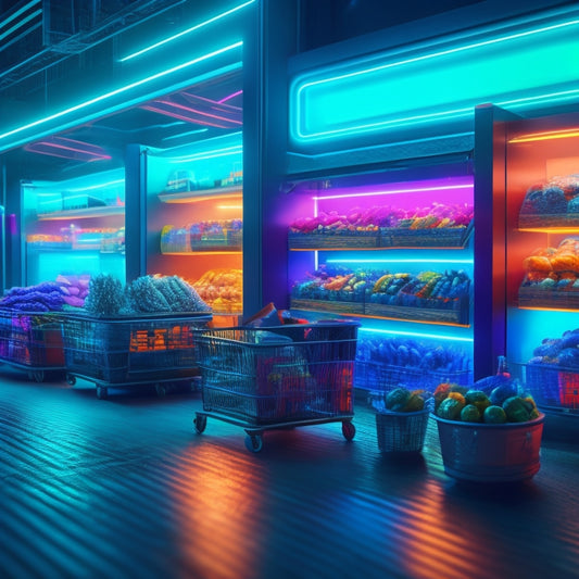 Illustrate a futuristic online marketplace scene with various vendor stalls, each with a distinct brand, surrounded by orbiting digital shopping carts, and glowing neon connections symbolizing seamless transactions.