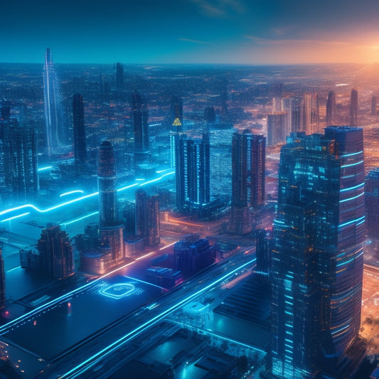 A futuristic cityscape at dusk with sleek skyscrapers, neon lights, and a maze of interconnected circuits, surrounded by orbiting digital coins, credit cards, and payment icons.