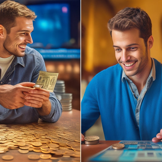 A split-screen image with a puzzled expression on a person's face on the left, surrounded by scattered coins and torn price tags, and a confident, smiling person on the right, surrounded by neatly organized coins and a calculator.