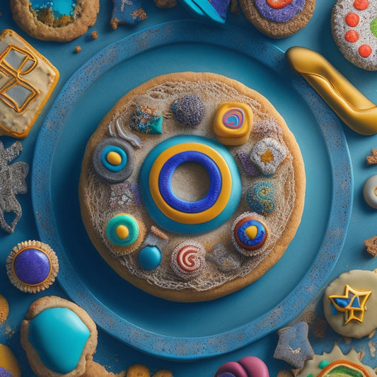 A whimsical illustration featuring a browser window with a stylized JavaScript symbol at its center, surrounded by swirling cookie shapes in various colors and sizes, against a faint web-patterned background.