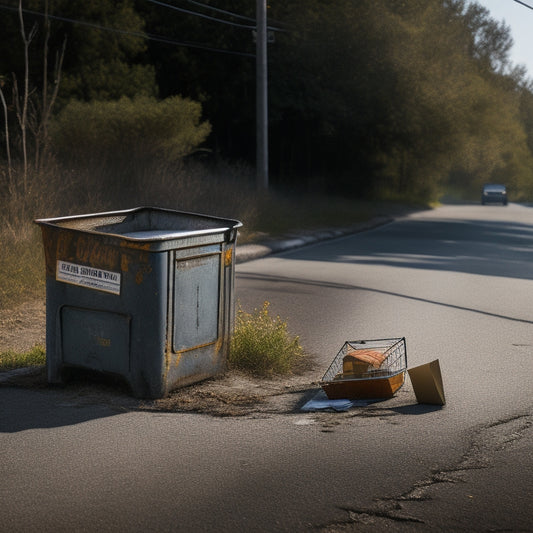 A broken, rusty mailbox and a damaged shopping cart, once connected by a chain, now lie separated on a cracked, faded asphalt road, surrounded by scattered envelopes and product boxes.