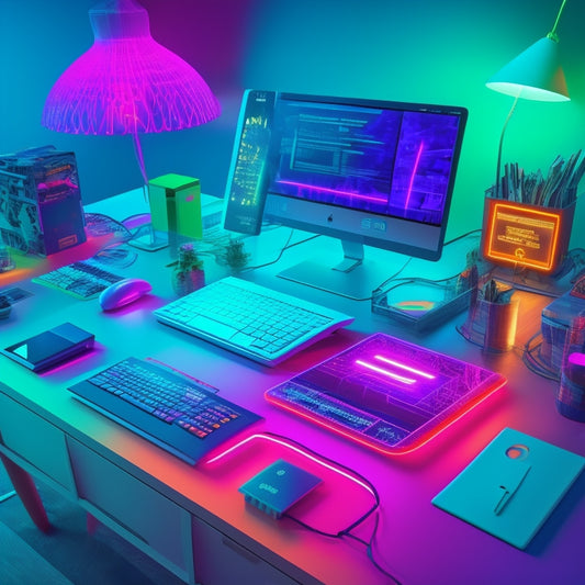 A colorful, futuristic desk with a laptop, tablet, and smartphone, surrounded by virtual product mockups, 3D models, and coding scripts, with subtle neon lights and circuit board patterns in the background.