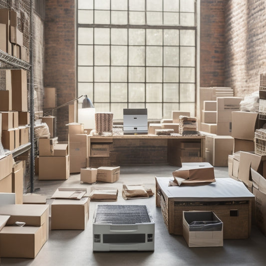 A tidy, well-organized shipping station with a printer, rolls of labels, and a laptop, surrounded by neatly stacked boxes and a few scattered packing materials, bathed in soft, natural light.