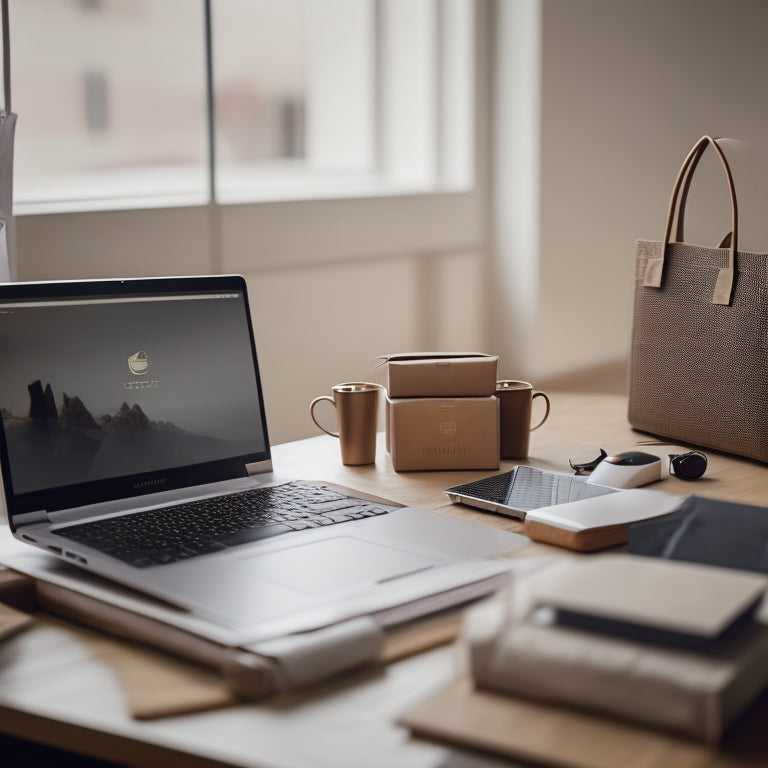 A laptop open on a modern desk, surrounded by shopping bags and product boxes, with a subtle Shopify logo on the laptop screen and a rising graph in the background, symbolizing sales growth.