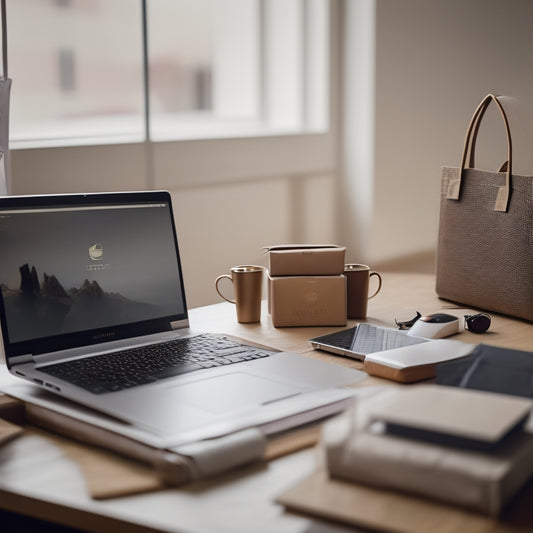 A laptop open on a modern desk, surrounded by shopping bags and product boxes, with a subtle Shopify logo on the laptop screen and a rising graph in the background, symbolizing sales growth.
