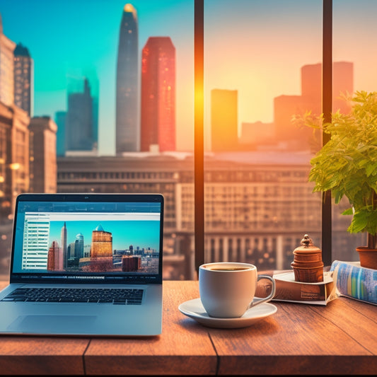 An illustration of a storefront with a laptop and coffee cup on a nearby table, surrounded by rising sales graphs, shopping bags, and a cityscape in the background.