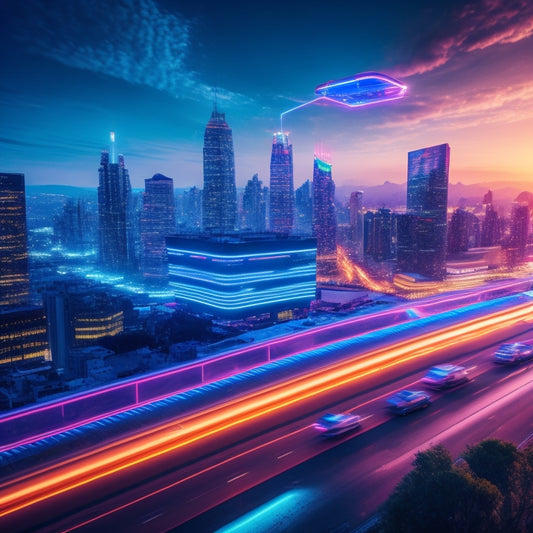 A futuristic cityscape at dusk with sleek skyscrapers, neon lights, and holographic advertisements, featuring a giant shopping cart icon hovering above the city, surrounded by orbiting laptops and smartphones.