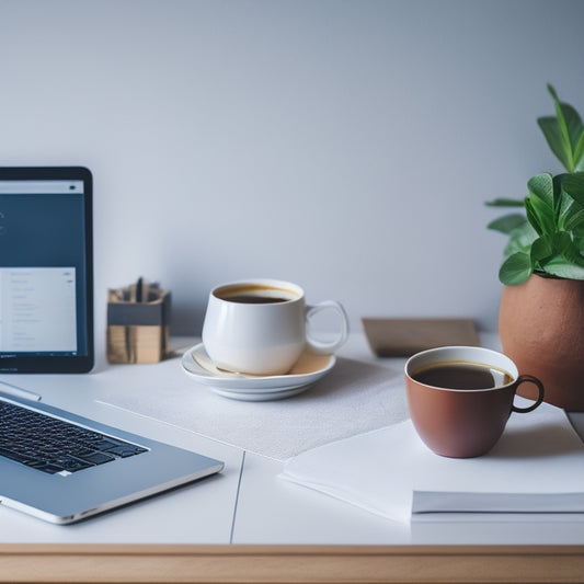 A minimalist illustration of a laptop displaying a sleek, organized e-commerce website on its screen, surrounded by neatly arranged folders, pens, and a cup of coffee on a modern wooden desk.
