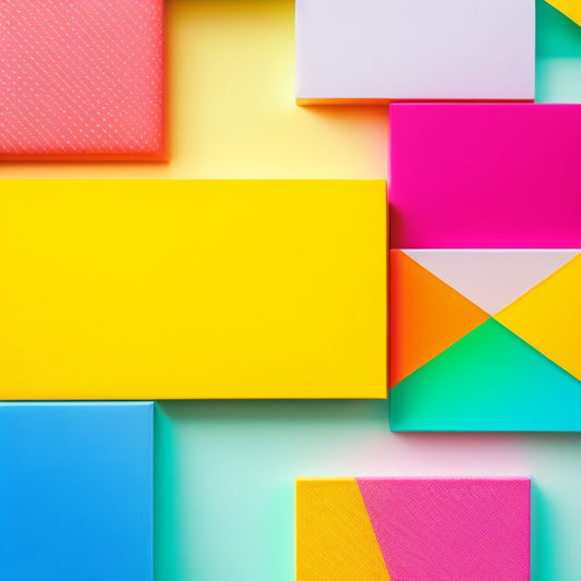 Vibrant, overlapping rectangles of various sizes in a gradient of bright colors, filled with subtle patterns of lines, shapes, and textures, against a soft, creamy white background.