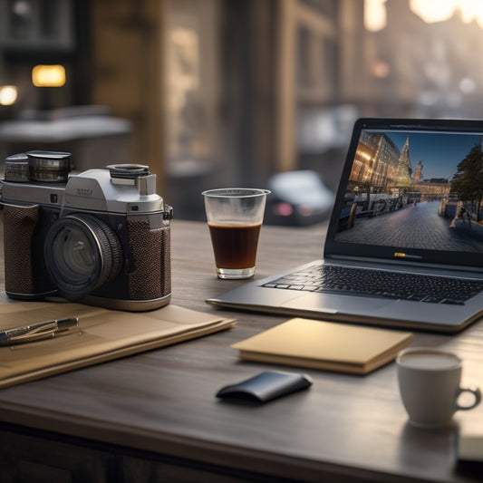 A laptop open on a wooden desk, surrounded by scattered notebooks, pens, and a cup of coffee, with a faint background of a cityscape or a bustling marketplace, conveying a sense of entrepreneurial activity.