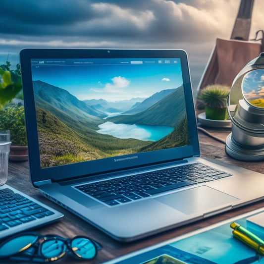A magnifying glass hovering above a laptop screen displaying a cluttered social media feed, with a subtle navigation compass in the background, surrounded by subtle, swirling storm clouds.