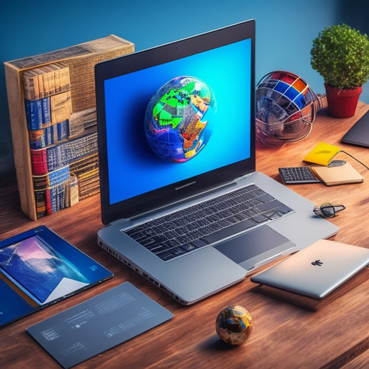 A stylized illustration of a laptop open on a desk, surrounded by various digital products (e-books, audio files, and videos) with arrows and lines connecting them to a globe, symbolizing online sales.