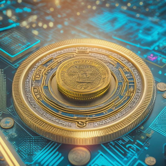 A stylized illustration of a digital download icon (arrow pointing downwards) surrounded by ascending coins, with a subtle background of coding lines and circuit boards, conveying technological innovation and financial growth.