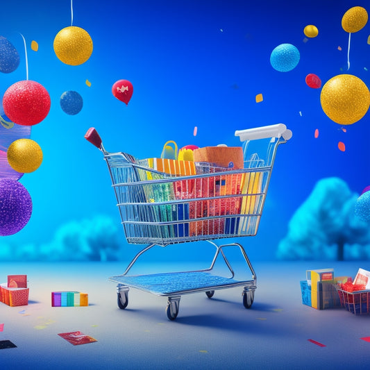 An illustration of a virtual storefront with various payment method icons (credit cards, PayPal, Apple Pay, etc.) orbiting around a central shopping cart, surrounded by confetti and rising arrows.
