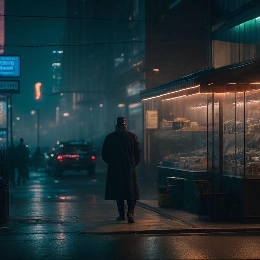 A darkened cityscape at dusk with neon-lit storefronts, surrounded by faint, glowing threads representing network connections, as a faint, ominous silhouette of a hacker lurks in the shadows.