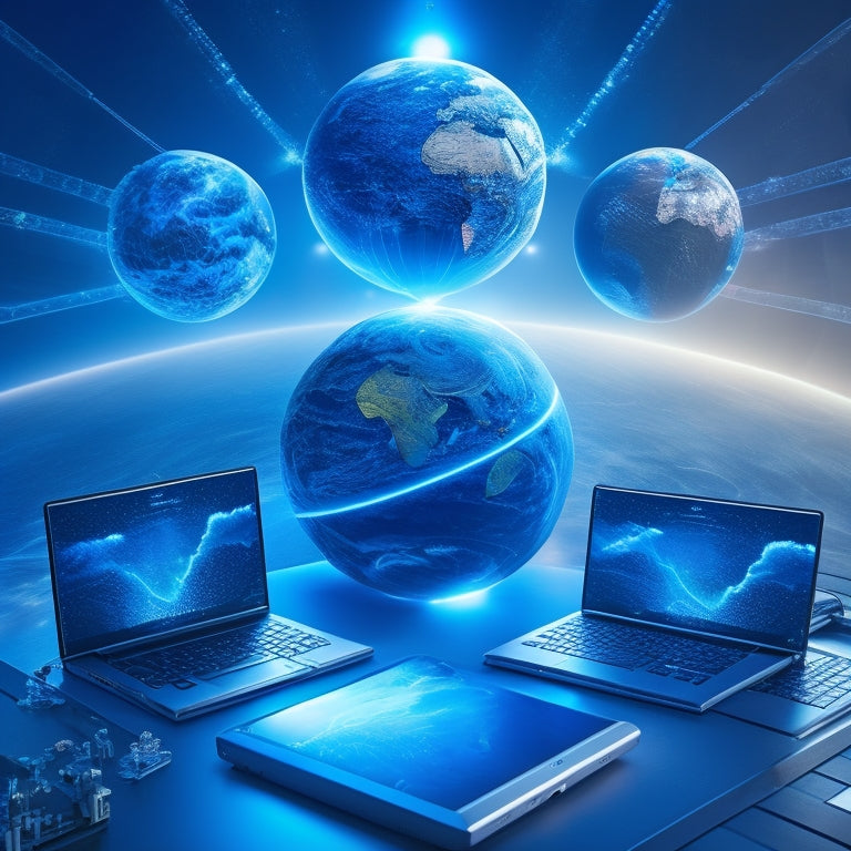 A futuristic illustration of a globe surrounded by sleek, glowing laptops, tablets, and smartphones, with virtual reality headsets and robotic arms in the background, surrounded by swirling clouds of data and circuitry.