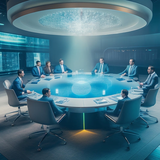 A futuristic business meeting scene with a sleek, modern conference table and chairs, surrounded by holographic cards floating in mid-air, emitting bright, pulsing lights and dynamic patterns.