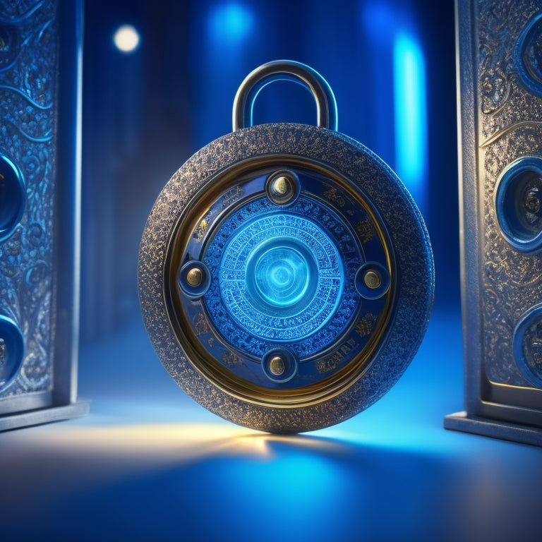 A stylized combination lock with glowing golden keys and a single keyhole, surrounded by a halo of light, set against a dark blue background with subtle, swirling patterns of gold and silver.